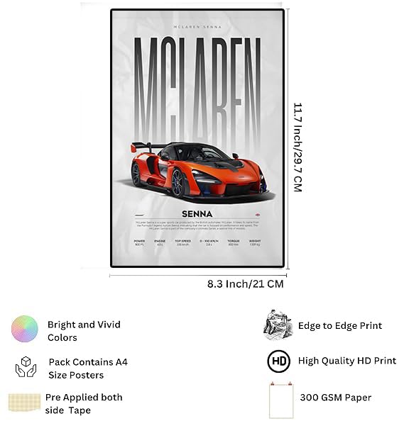 Image of Fit-in Trends Car Poster For Wall Boys Room|Super Car Poster Stickers | Gifting Ideas For Men Boys Car Lover's | Wall Art For Living room, Office, Dining Room| A4 Size Wall Art(Mclaren)