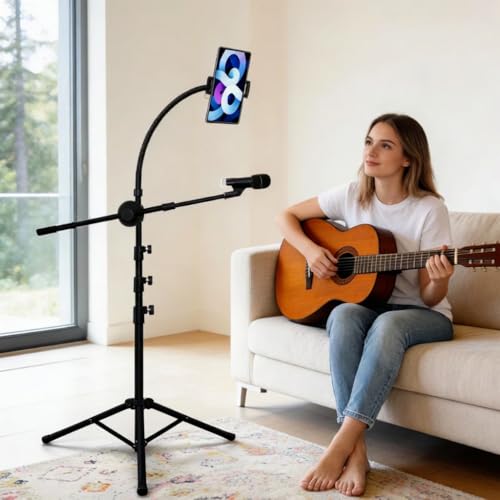 K KASONIC Microphone Stand with Tablet Phone Holder Adjustable Tripod Boom Mic Stands for Performance Microphone Floor Stand for Singing Outdoor Activity
