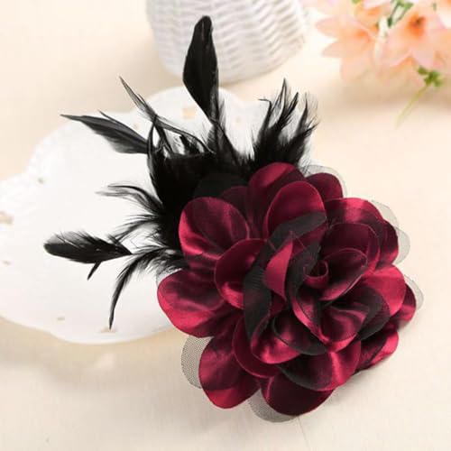 Image of Flower Brooch Pin Silks Wonderful Rose Camellia Feather Charm Fashion Beautiful Created Clip Hair Flowers Brooches Accessories Idea for Party Dance Wedding Banquet for Elegant Women Girl Gift