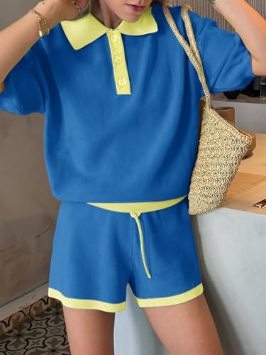 Image of Tankaneo Womens 2 Piece Short Sets Short Sleeve Knit Tops Vacation Outfits | Sweater Fabric, 2026 Summer, Collared, Matching Lounge Set