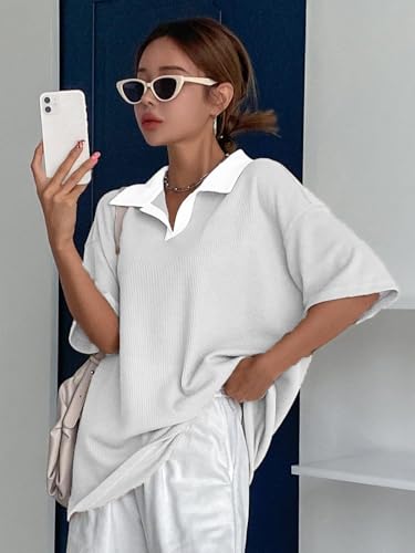 Image of Zilcon Womens Half Sleeve Oversized Tshirt for Woman Trendy Casual V Neck Summer Collared Preppy Tops Fashion Loose Fitted Western Tops for Women Stylish
