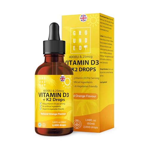 Grounded Vitamin D3 + K2 Liquid Drops 50ml | High Strength 4 000iu D3 with 25mcg K2 Formula | Natural Orange Flavour with 2000 Drops per Bottle | for Bones Muscle & Immune Function | UK Made