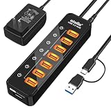 Powered USB Hub 3.2, atolla 8-Port USB 3.2/USB C Hub, Powered USB C Hub with 7 USB-A 10Gbps ports +1 Smart Charging port, Individual On/Off Switches, LEDs, 20W Power Adapter for PC/Laptop, Flash Drive