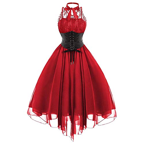 Femme Punk Style Sombre Grande Taille Pure Couleur Dentelle Garniture Manches Robe De Style Gothique, Robe Longue,Robe pour Robe pour Femmes De Style RéTro Vintage Cover