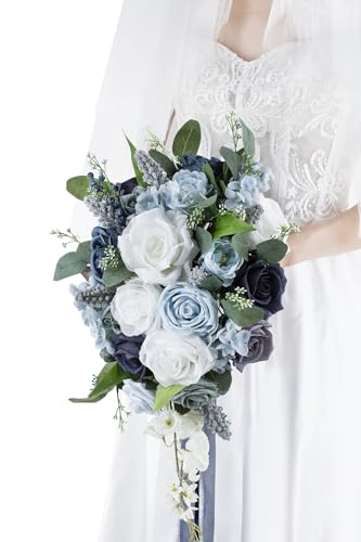 Yelinart 10 Inch Dusty Blue Wedding Bouquets for Bride Artificial