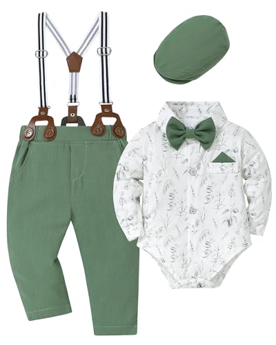 Image of WESIDOM Baby Boy Clothes 0-18M Newborn Infant Gentleman Outfit, Shirt+Bowtie+Beret+Suspender Pant Baby boy Suit Clothing Set