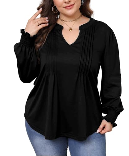 HBEYYTO Womens Plus Size Tops Long Sleeve V Neck Pleated Loose Fit