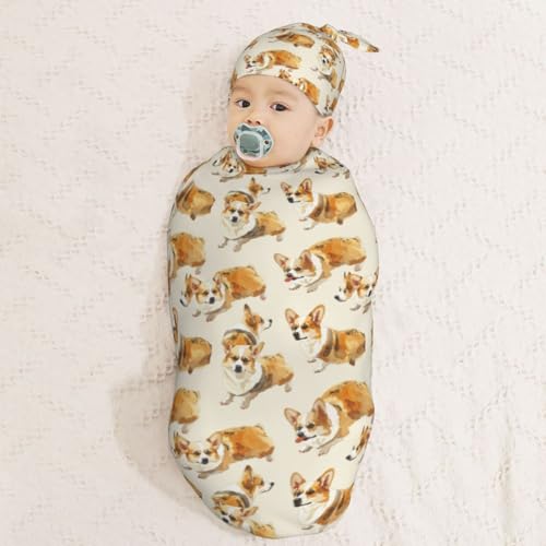 Image of Watercolor Cute Corgi Newborn Swaddle Blankets Hat Sets Soft Baby Receiving Blanket Swaddle Sack for Baby Shower Infant Boy Girl Gift