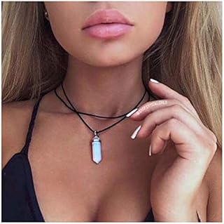 TseenYi Boho Necklace Hexagonal Moonstone Pendant Necklace Black Layered Suede Necklaces Choker Short Black String Gothic Necklaces Jewelry for women and Girls