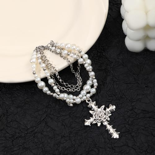 KURTCB Layered Pearl Cross Jewelry Set Statement Chunky Y2k Gothic Pearl Necklace and Earrings Bracelet for Women4