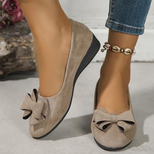 Women's Bowknot Dress Flats Ballet Low Wedge Round Toe Slip-Ons Comfortable Casual Flats Shoes Dressy Office Work Shoes