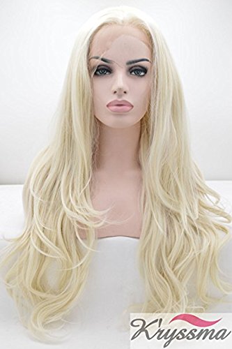 K'ryssma Platinum Blonde Glueless Synthetic Hair Lace Front Wigs Long Natural Straight Half Hand Tied Replacement Full Wig For Women Heat Friendly 26inch