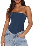 Thseonde Women Backless Corset Top Lace Up Stretch Bustier Going Out Tops Strapless Tube Boned Bodyshaper Overbust(Plain Blue,S)