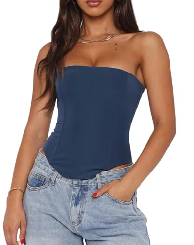 Thseonde Women Backless Corset Top Lace Up Stretch Bustier Going Out Tops Strapless Tube Boned Bodyshaper Overbust(Plain Blue M)