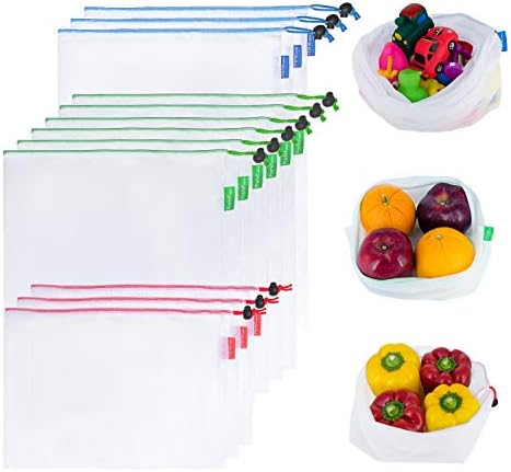Prefer Green 12PCS Reusable Produce Bags, Premium Zero Waste Mesh Bags for Storage Fruit Vegetables, Eco-Friendly With Colorful Tare Weight on Tags, 3 Sizes