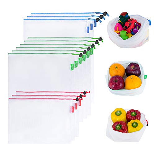 Prefer Green 12PCS Reusable Produce Bags, Premium Zero Waste Mesh Bags for Storage Fruit Vegetables, Eco-Friendly With Colorful Tare Weight on Tags, 3 Sizes