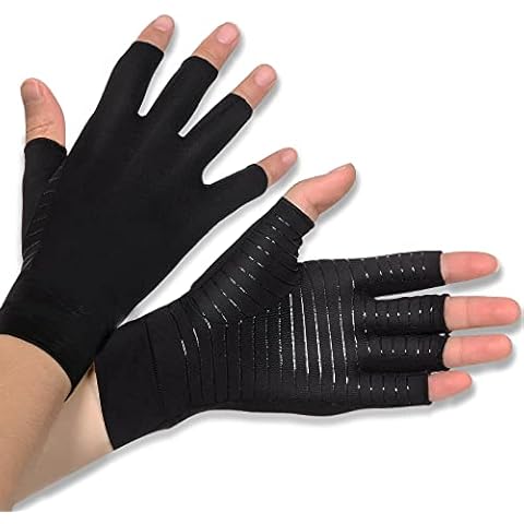 1 Pair Copper Infused Arthritis Hand Compression Gloves Fingerless Design Women Men Relieve Symptoms Rheumatoid Osteoarthritis Raynauds Disease Breathable Comfortable Fit Machine Washable (Black, M)… Cover