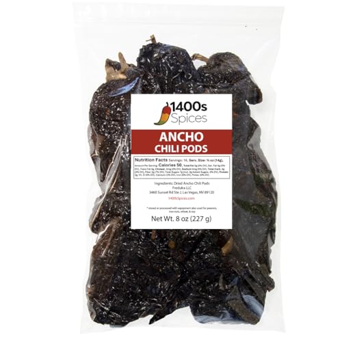 8oz Ancho Dried Whole Chile Peppers, Chili Seco Pods for Authentic Mexican Food, Heat-Sealed Resealable Bag by 1400s Spices