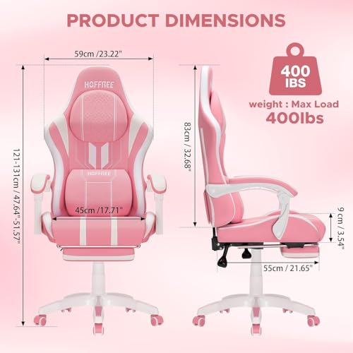 HOFFREE Gaming Chair with Massage Big and Tall Game Chairs with Footrest Computer Gaming Chair for Adults 400lb for Heavy People Pink and White - Image 4