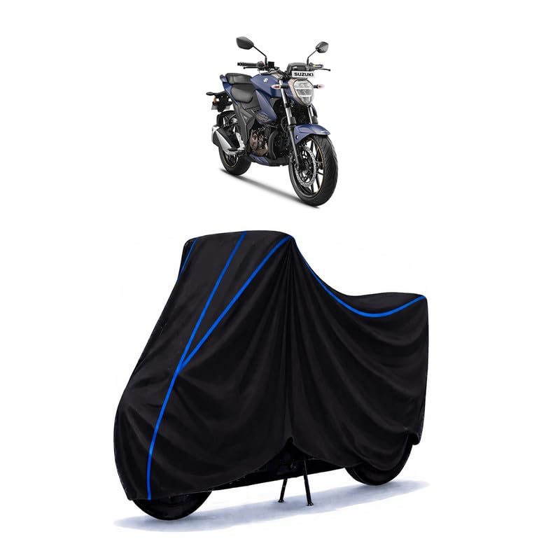 Image of Suzuki Gixxer 250 Bike Cover Water Resistant Universal Motorcycle Rain | Heavy Duty UV Protection, Dust, Scratch Indoor Outdoor All Weather with Black Blue Piping Elastic