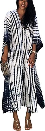 Caftan Women's Plus Size Caftans Stripe Print tie dye Vneck Kaftans Loose Soft Kaftan Dresses Loungewear Light Weight Side Split Beach Maxi Dresses (730-1 Black&White)