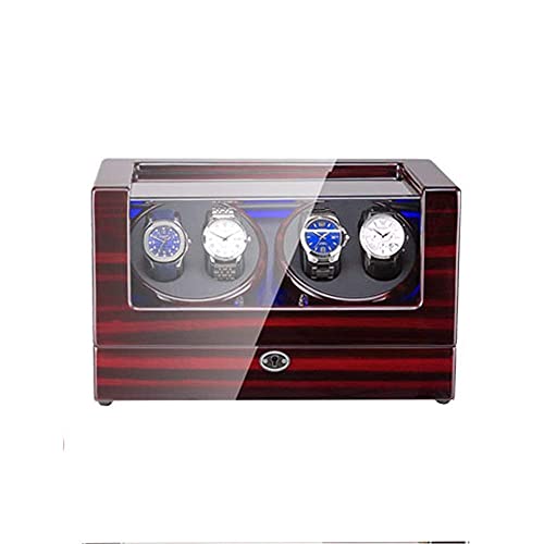 Caja de bobinador automático 4 relojes madera motor silencioso luces LED y cuero