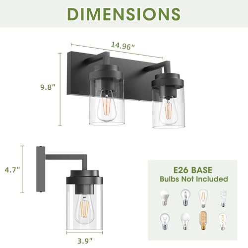 Image of Bathroom Vanity Fixtures, 2 Light Matte Black Vanity Light with Clear Glass Shade, 15in Farmhouse wall Light, Lighting Fixture Over Mirror for Bathroom