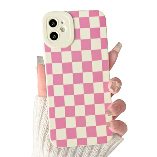 Lovmooful for iPhone 12 Case Cute Lattice Plaid Design-White&Hot Pink