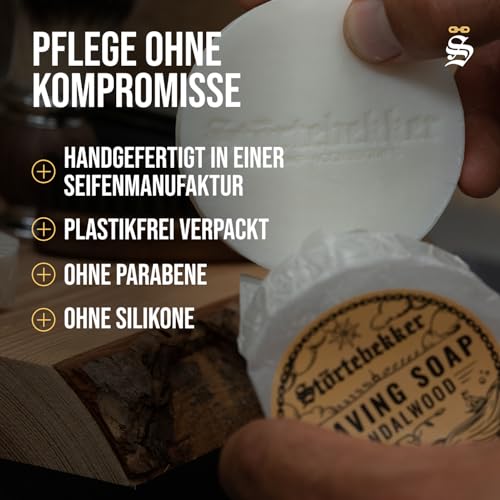 Störtebekker® Premium Rasierseife Sandelholz 70g - Handgefertigte Seife für ergiebigen Rasierschaum - Perfekt für die Rasur mit Rasierhobel & Rasiermesser - Vegane Rasierseife Damen & Herren