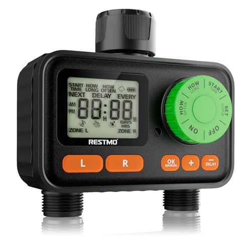 RESTMO-2-Zone-Sprinkler-Timer-Programmable-Water-Timer-for-Garden-Hose-Automatic-Control-Manual-ONOff-Rain-Delay-for-Outdoor-Faucet-Drip-Irrigation-and-Lawn-Watering-System