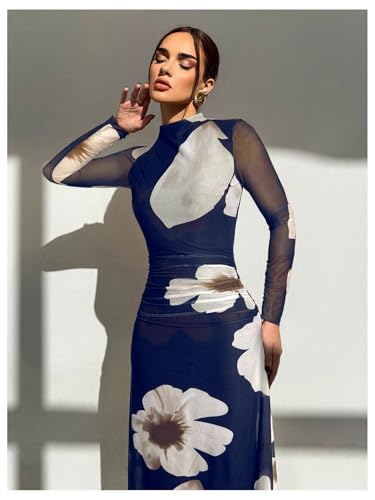 Image of Verdusa Women's Floral Wedding Guest Dress Long Sleeve Mesh Slimming Cocktail Vacation Maxi Dresses