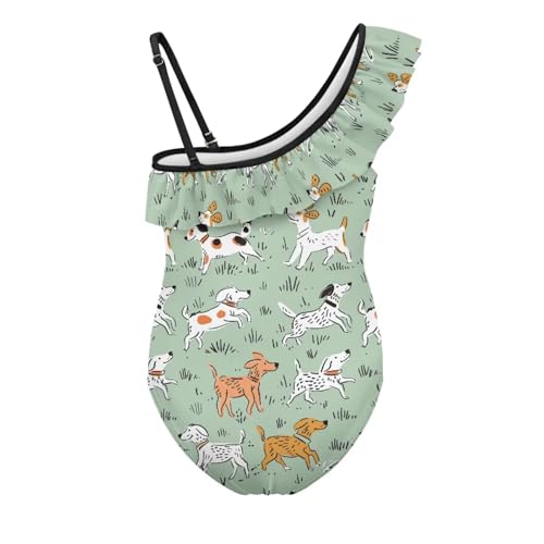 UNICEU Girls Puppy Print One Piece Swimsuit One-Shoulder Ruffles Bathing Suit Quick Drying Sleeveless Swimwear for Pool2