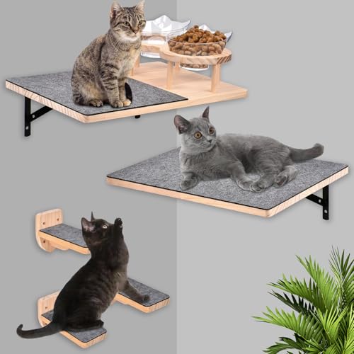Wandhängematte für Katzen mit 2 Futternäpfen und 3 Stufen, 2 mit Filz bezogenen Sitzstangen, Kletterregal aus Holz