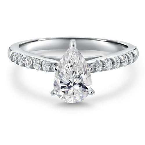 Gem Stone King 10K White Gold 8X5MM Pear Shape Gemstone Birthstone and Lab Grown Diamond Engagement Ring For Women | Wedding Anniversary Promise Gold Ring | Available in Size 5 to 93