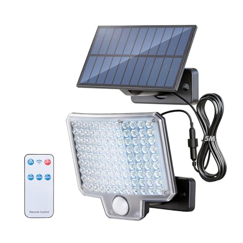 GRIFEMA GD201 Luz Solar Exterior con Sensor de Movimiento, [108 LEDs/ 3 Modos/ 1500mAH], Foco Solar Exterior con Control Remoto, IP65 Impermeable para Jardín, Garajes