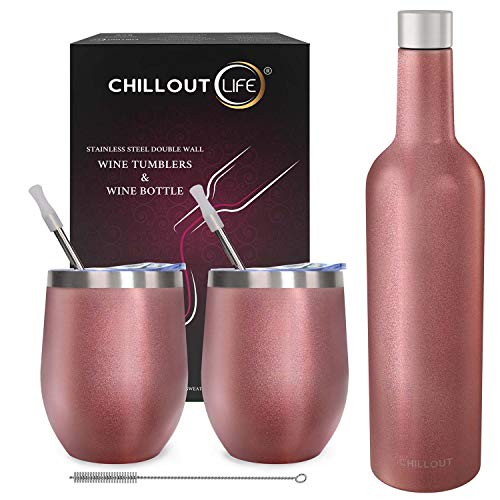 CHILLOUT LIFE Stainless Steel Wine Tumblers 2 Pack 12 oz & 1 Insulated Wine Bottle - Double Wall Vacuum Insulated Wine Cups with Lids and Straws Set - Rose Gold