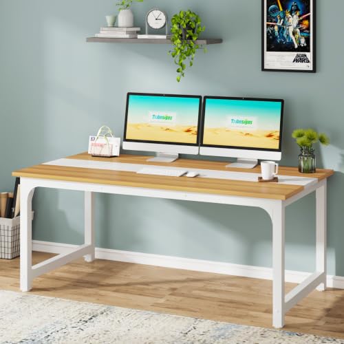 Image of Tribesigns Modern Computer Desk, 63 x 31.5 inch Large Office Desk Computer Table Study Writing Desk Workstation for Home Office, Light Walnut /White