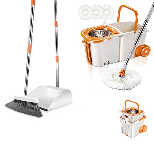 Mastertop Spin Mop Bucket System With Wringer Set & Broom And Dustpan Set For Home #TOP12