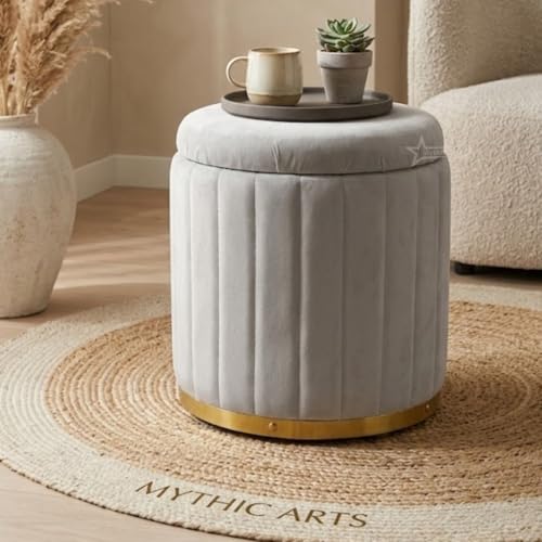 Image of Superior Round Storage Ottoman Stool 13 X 13X 16 inch, with Gold Metal Base | Elegant Pouffe with Secret Storage | Cushioned Footrest for Living Room, Bedroom, and Lounge Grey