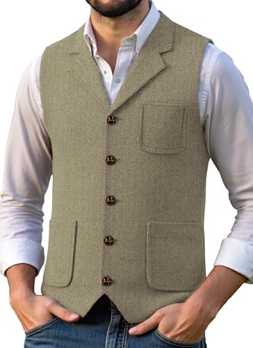 Men Casual Tweed Suit Vest,Men Retro Herringbone Waistcoat