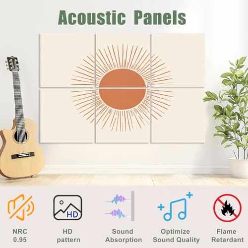 Paneles acústicos artísticos 6 pack con diseño Bohemio y líneas naranja radiantes de 72"x48" para aislamiento acústico, autoadhesivos para estudio, oficina miniatura 3