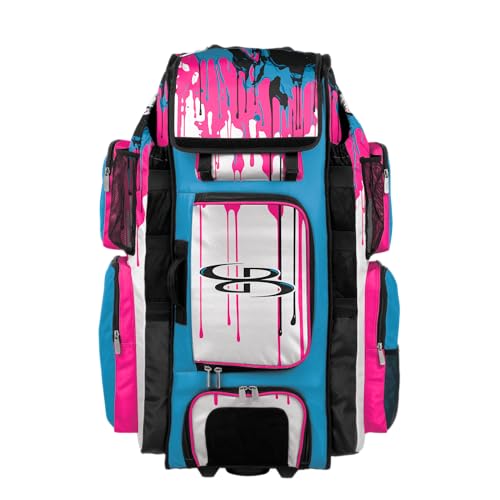 Boombah Superpack XL Rolling Bat Bag - Telescopic Handle - Holds 8 Bats - Wheeled Version - Graffiti Drip Columbia Blue/Fluorescent Pink/Black