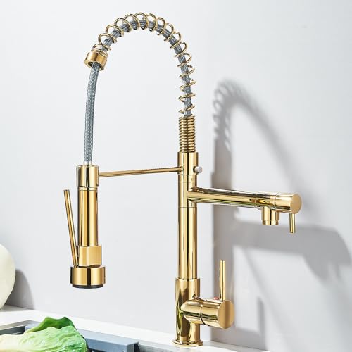 Robinet d'évier de cuisine à ressort mitigeur or brillant à double bec - 2