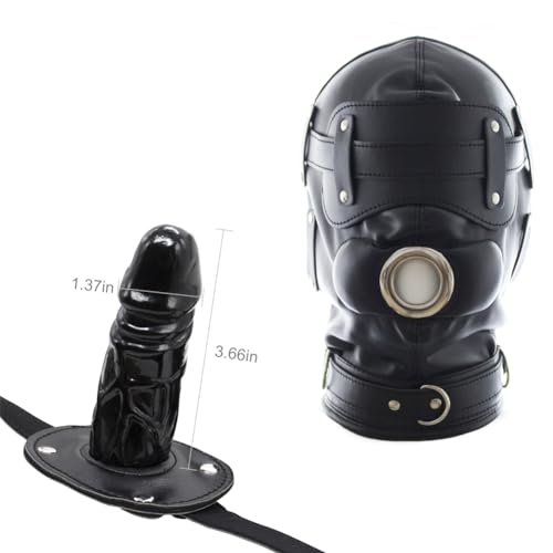 Image of FST Black Leather Bondage Hood,Full Face Blinder Detachable Cover Eye Dildo Mouth Gag Head Hood, for Unisex Adult Play