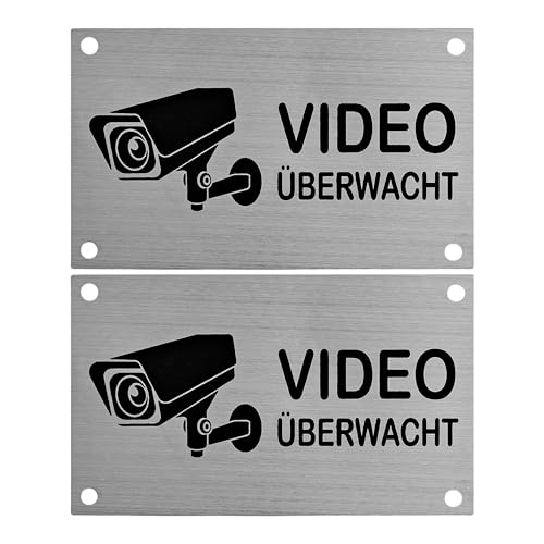 Hinweisschild Videoüberwacht, 2 Stück, 10 x 6 cm, gebürstete Aluminium Schilder mit Bohrlöchern, Warnschild für Innen- und Außenbereich, Videoüberwachung Schild, Achtung Kamera Überwachung Hinweis