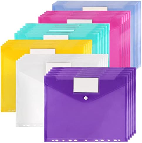 JAPCHET 30 Pack A4 Document Wallets, Plastic Wallets, 6 Assorted Colours Punched Wallets Folders with Label Pocket & Button Closure, Document Folder Popper Wallets, 11 Hole Binder Files