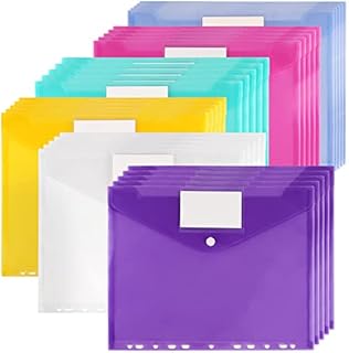 JAPCHET 30 Pack A4 Document Wallets, Plastic Wallets, 6 Assorted Colours Punched Wallets Folders with Label Pocket & Button Closure, Document Folder Popper Wallets, 11 Hole Binder Files