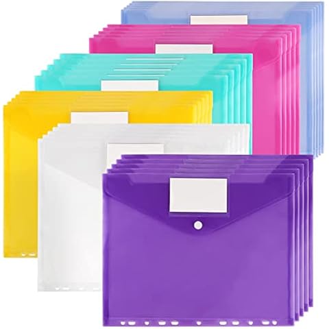 JAPCHET 30 Pack A4 Document Wallets, Plastic Wallets, 6 Assorted Colours Punched Wallets Folders with Label Pocket & Button Closure, Document Folder Popper Wallets, 11 Hole Binder Files Cover