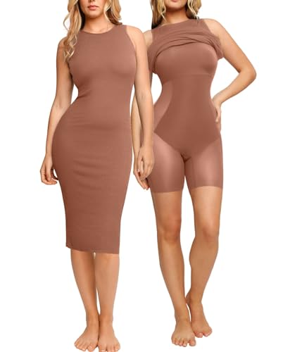 Image of Popilush Women's Bodycon Ruched Shapewear Sleeveless Midi Dresses