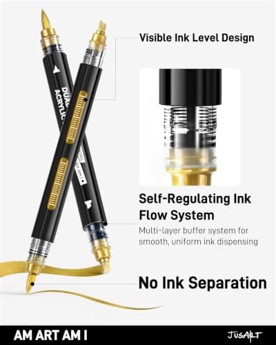 Image of JusArt 3 Gold Dual-Tip Acrylic Paint Markers, Automatic Ink Control | Metallic Paint Markers, Paint Pen for Wood, Glass, Fabric, Rock Painting, DIY Crafts for Adults, Classroom & School Supplies